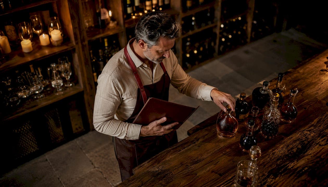 Un sommelier sélectionne et met en avant les meilleurs spiritueux à la carte.