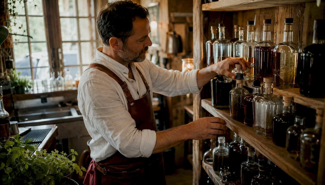 Un barman dispose soigneusement des bouteilles d’alcools locaux sur l’étagère du bar, mettant en valeur les spécialités de la région.