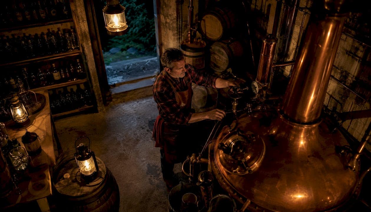 Un maître distillateur belge en plein réglage de son alambic en cuivre.