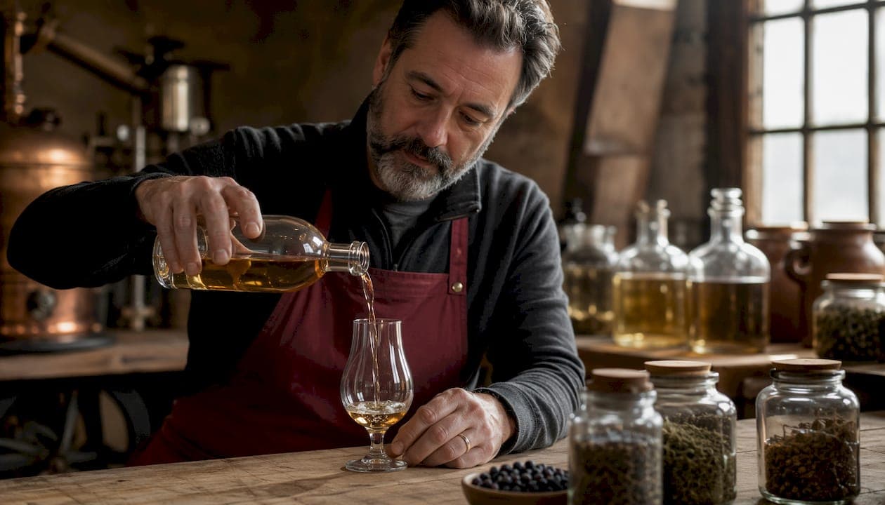 Dans la salle de dégustation, le maître distillateur sert avec soin un spiritueux artisanal, invitant les visiteurs à découvrir toute la richesse de son savoir-faire.