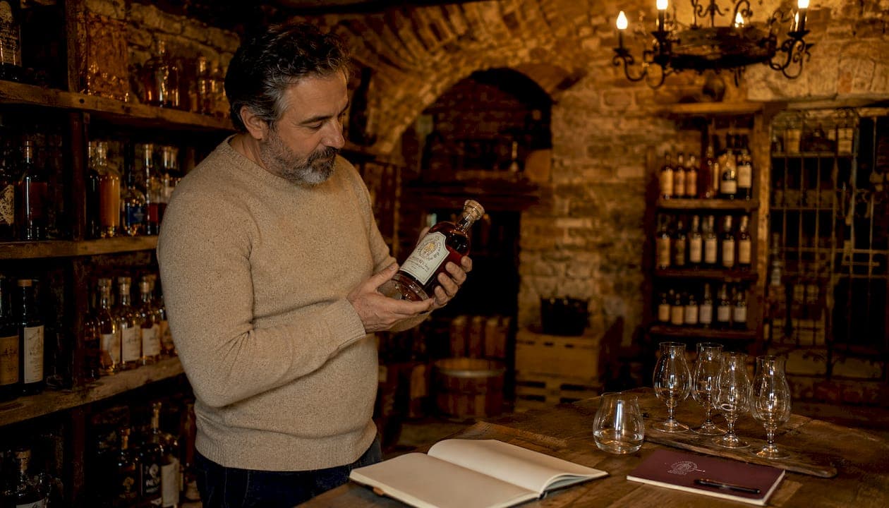 Un homme observe attentivement une bouteille de spiritueux artisanal dans l’ambiance feutrée d’une cave.