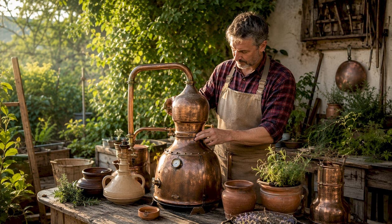 Un artisan distillateur à l’œuvre dans son atelier traditionnel en pierre