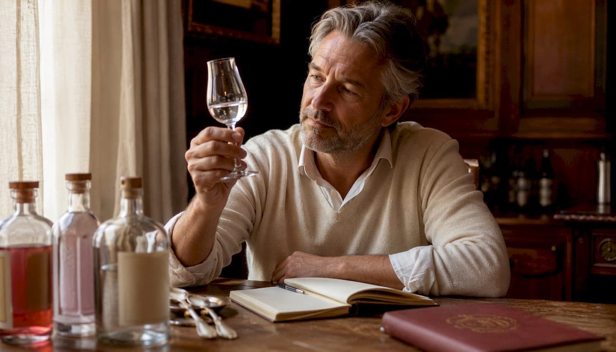 Un homme savoure un gin artisanal dans l’ambiance feutrée d’une cave.