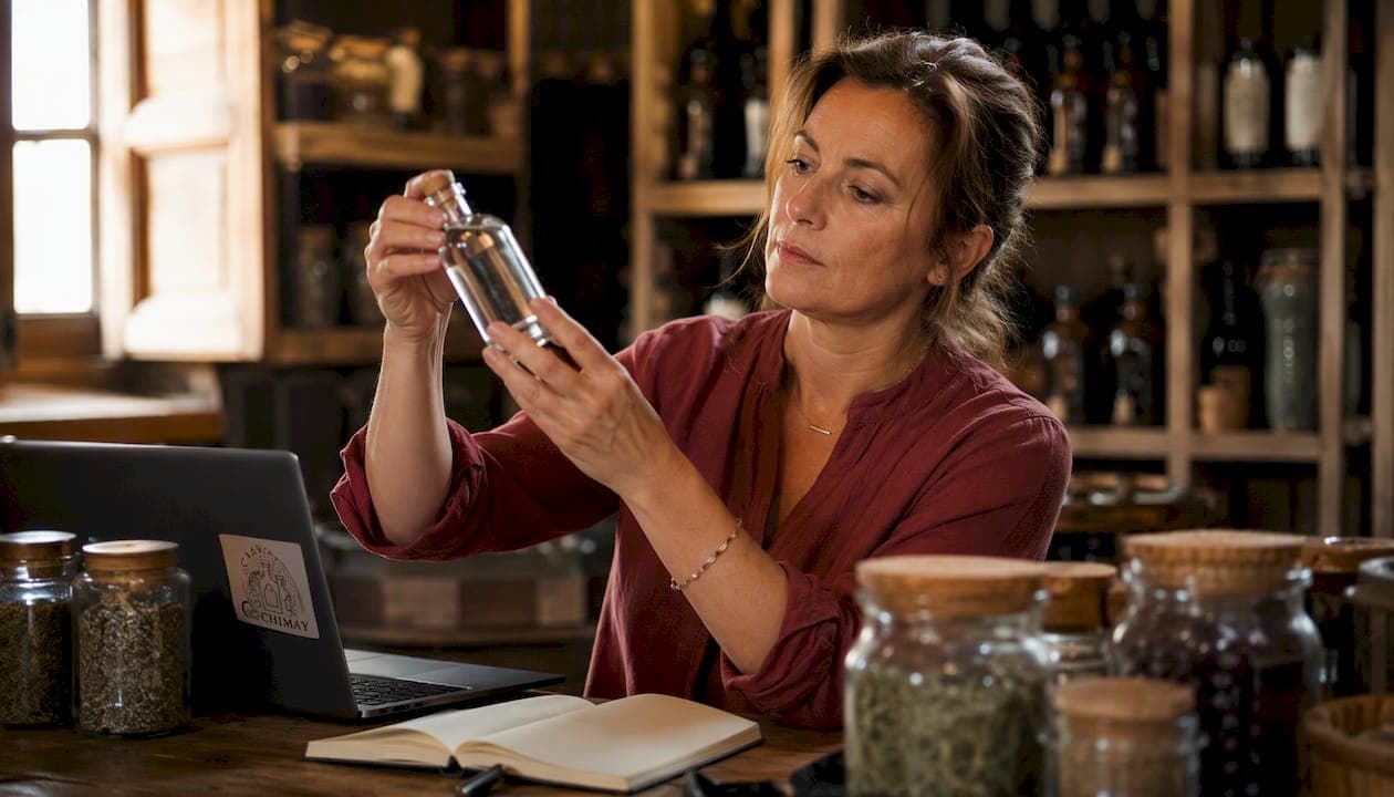 Un spécialiste examine attentivement une bouteille de gin artisanal dans un atelier.