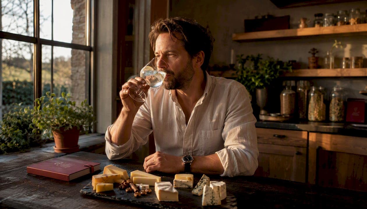 Une sélection de gins belges accompagnés de fromages, présentés sur une élégante table en bois.