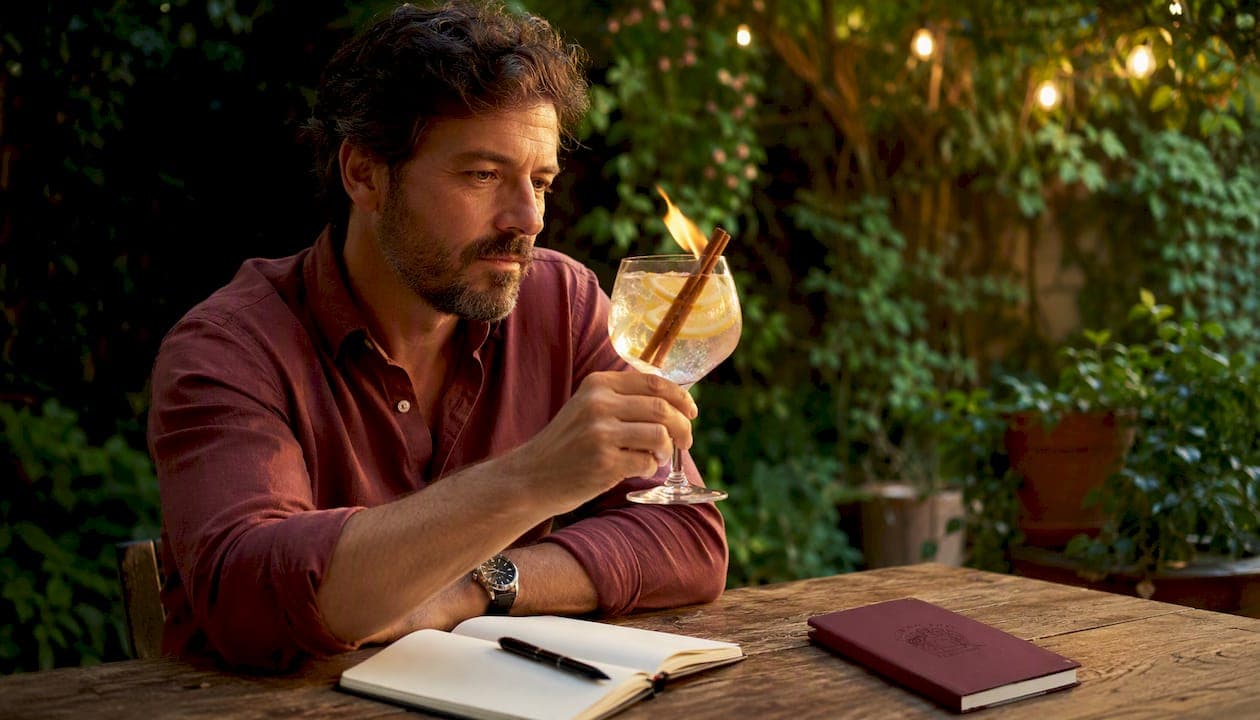 Un homme savoure un gin tonic installé au comptoir d’un bar.