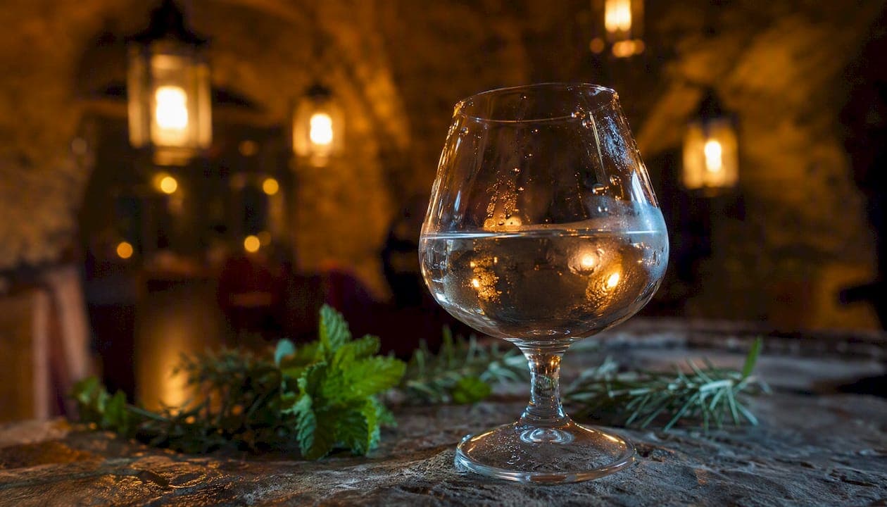 Verre de dégustation rempli de gin et de plantes aromatiques, posé sur une table en bois