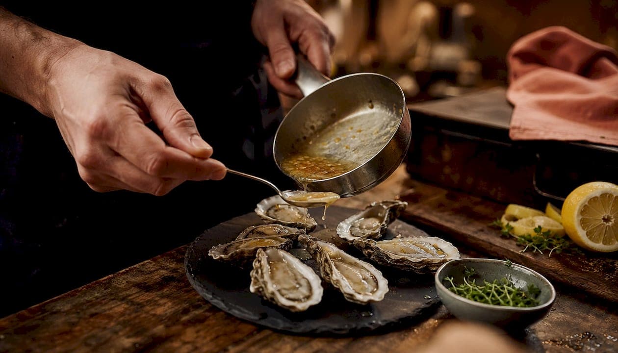 Napper les huîtres d’une sauce réduite au gin et aux agrumes