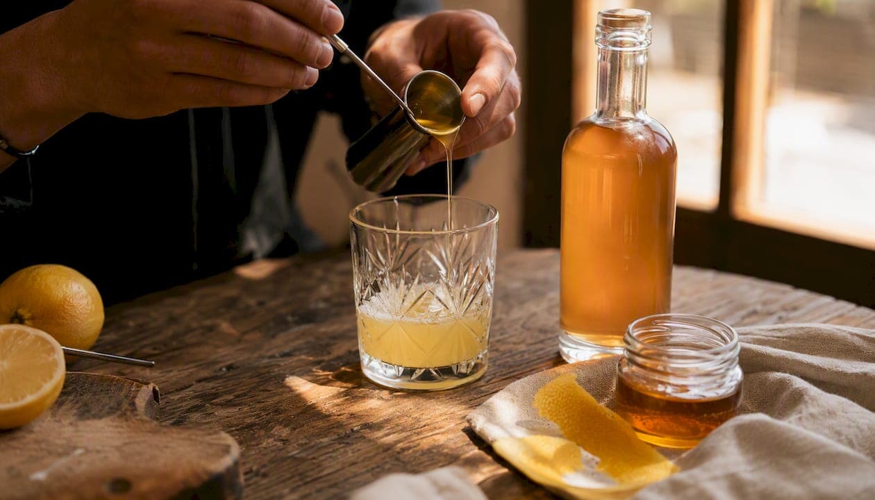 On aperçoit des mains en train de mélanger un cocktail Bee's Knees dans un verre à coupe.