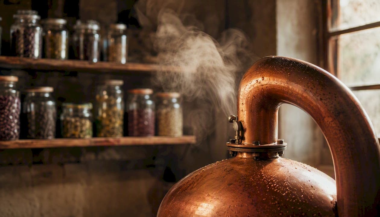 Distillation artisanale dans un alambic en cuivre, où la vapeur traverse délicatement les plantes aromatiques pour en extraire toute la richesse.