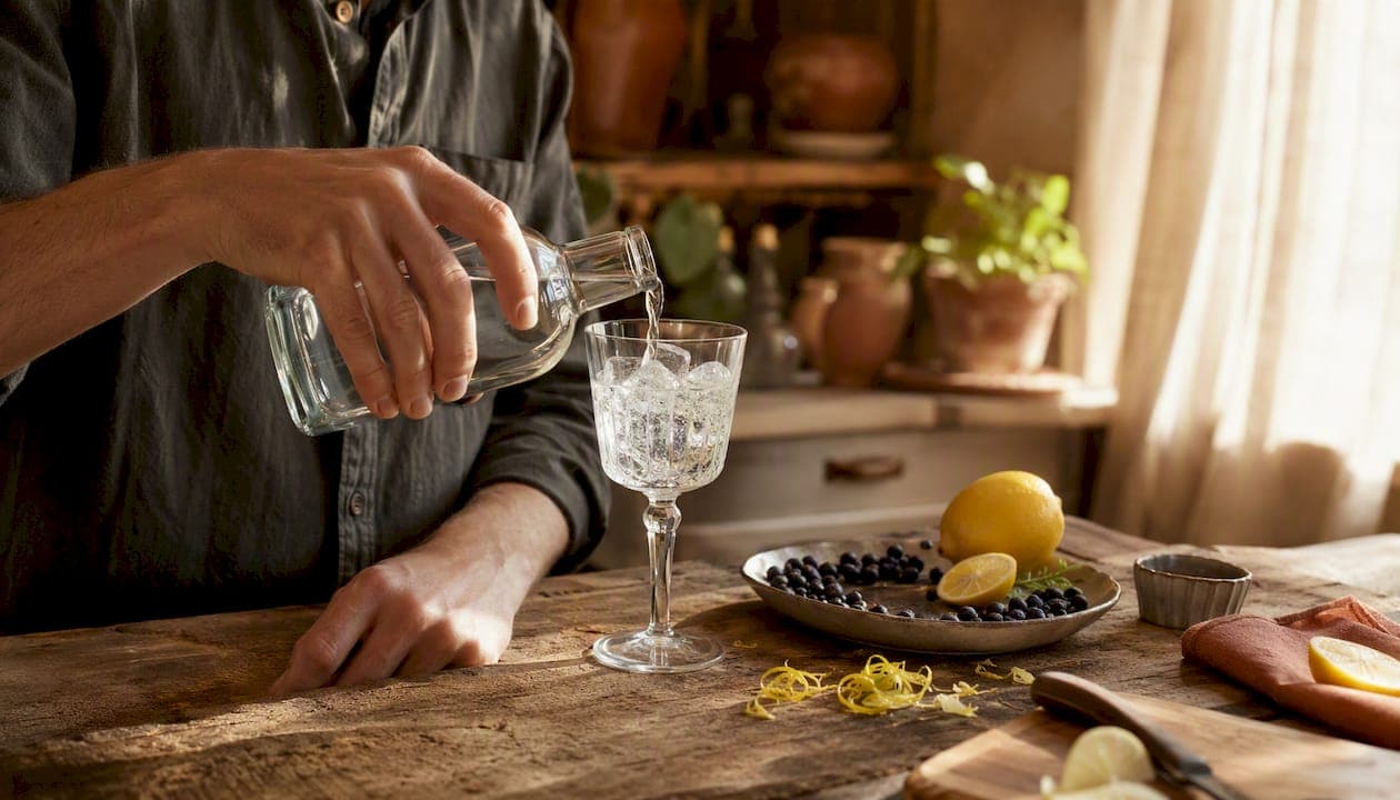 Un gin parfaitement servi pour le rituel de l’apéritif, sur une table au charme authentique.