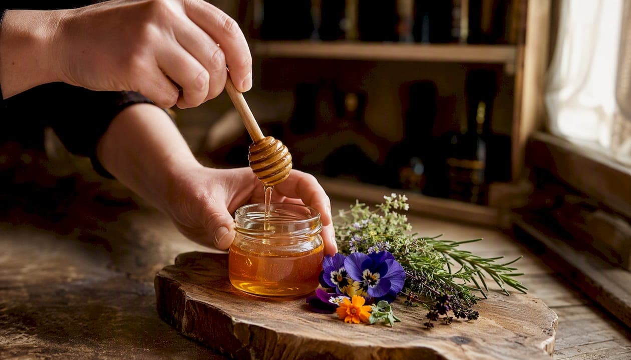 Des mains versent un miel pur infusé aux herbes aromatiques.