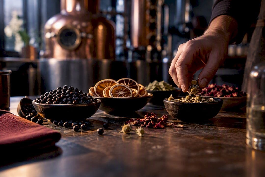 Ingrédients botaniques de gin étalés sur un établi