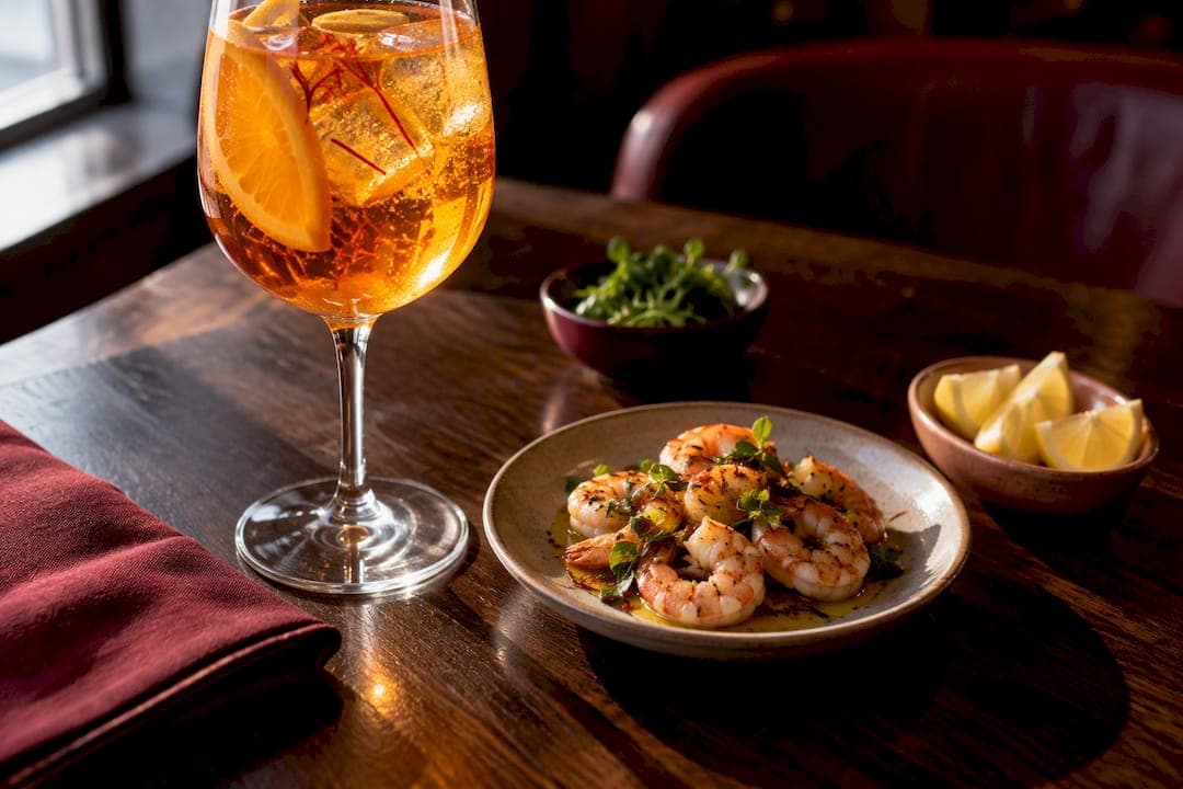 Spritz au safran accompagné de crevettes et d'agrumes