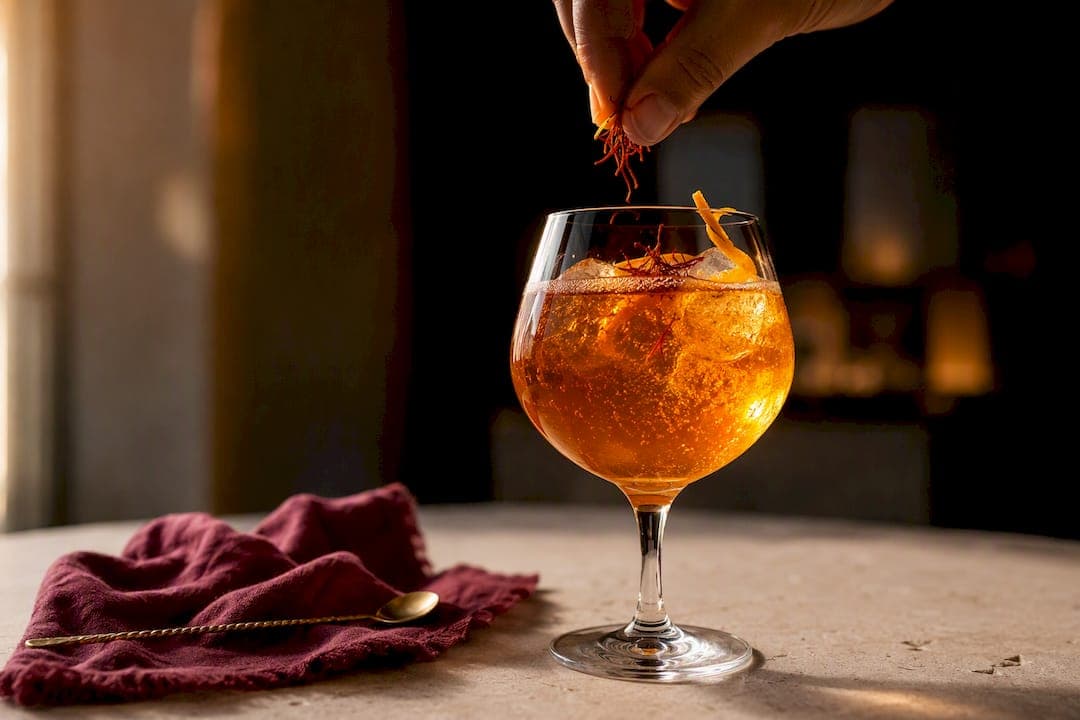 Spritz au safran, sans alcool, doré et pétillant