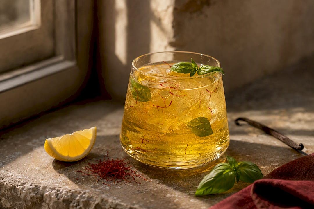 Mocktail au safran et citron, couleur dorée
