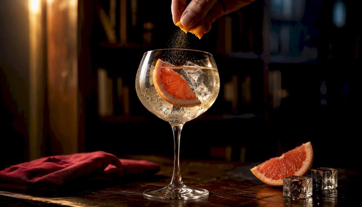Cocktail au gin et agrumes, agrémenté d'un zeste