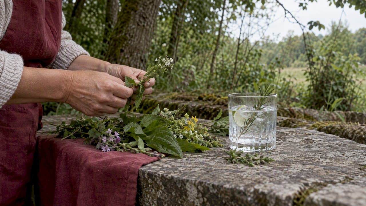 Un verre de gin entouré de plantes sauvages