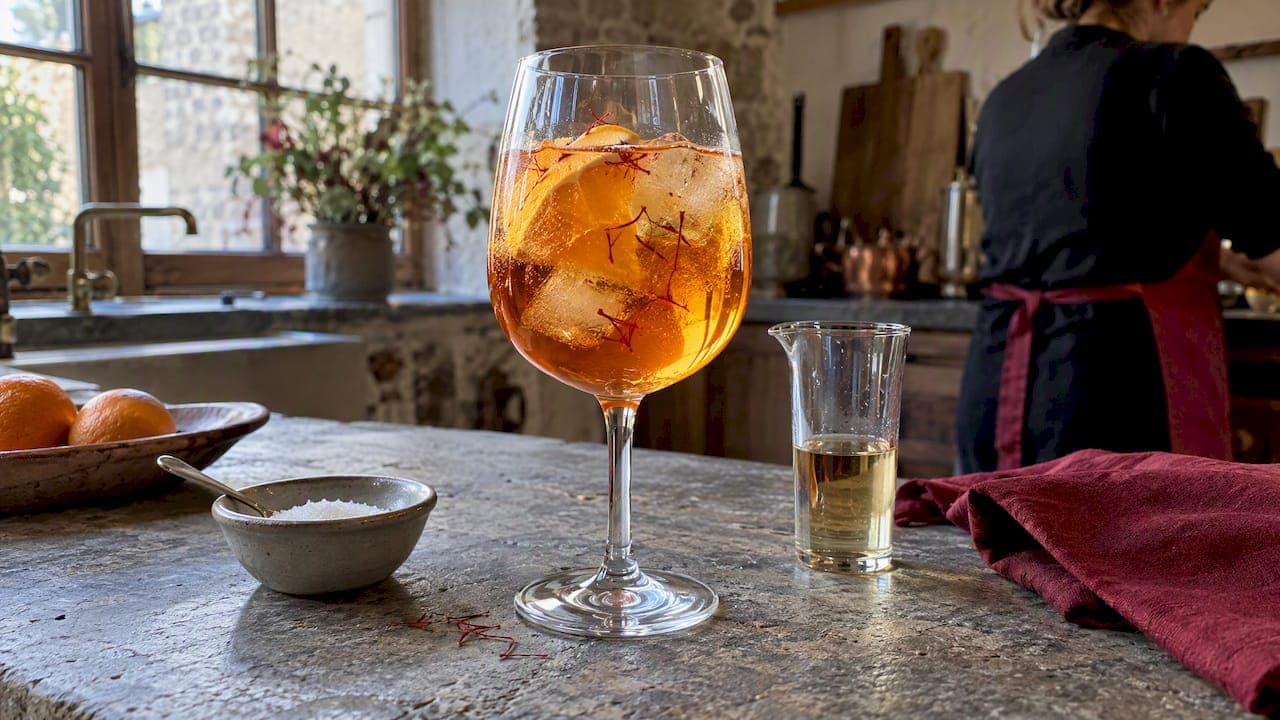 Verre de spritz au safran posé sur la table