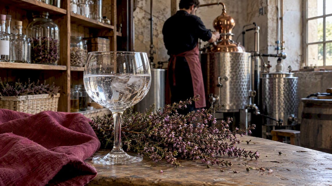 Un verre de gin servi avec de la bruyère