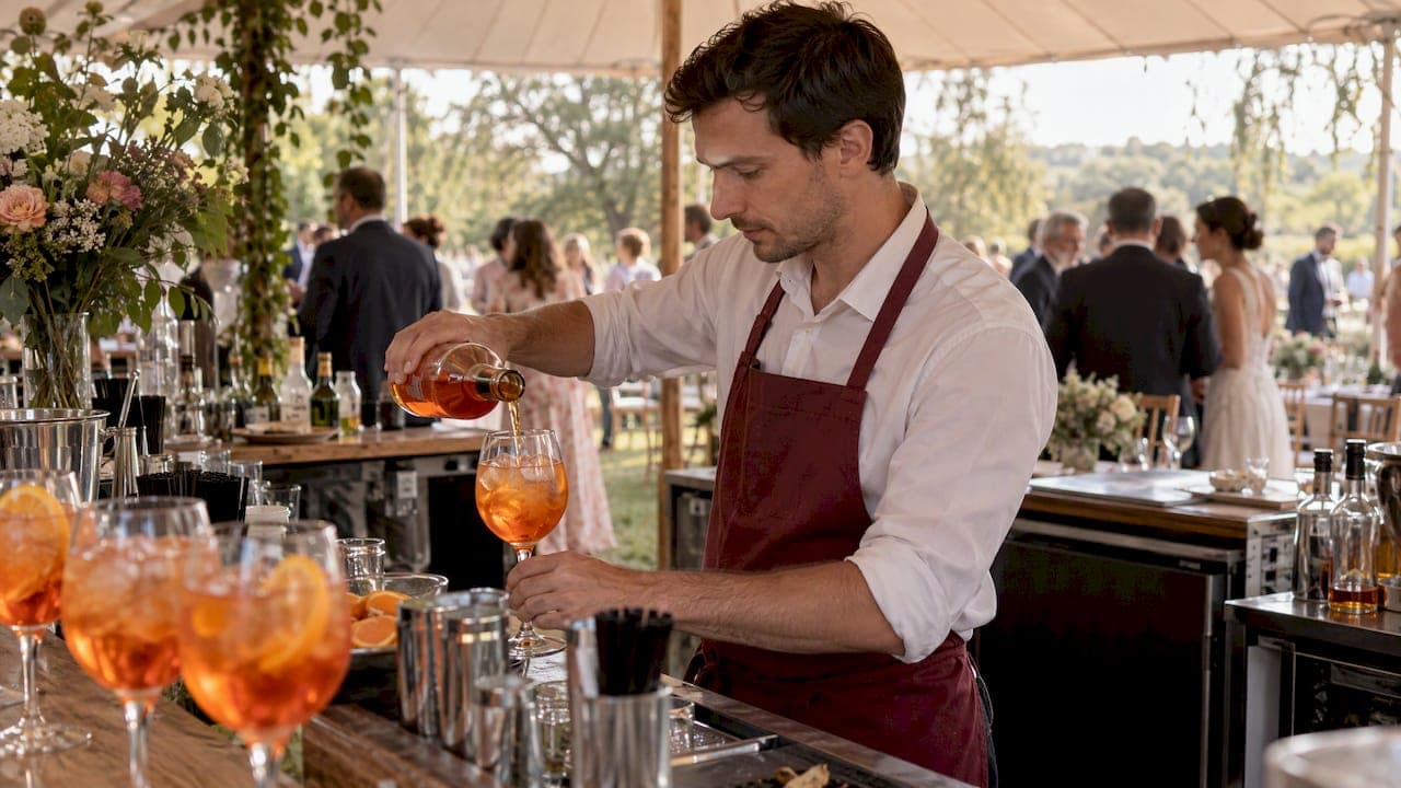 Un serveur sert un Spritz au bar lors d’un mariage