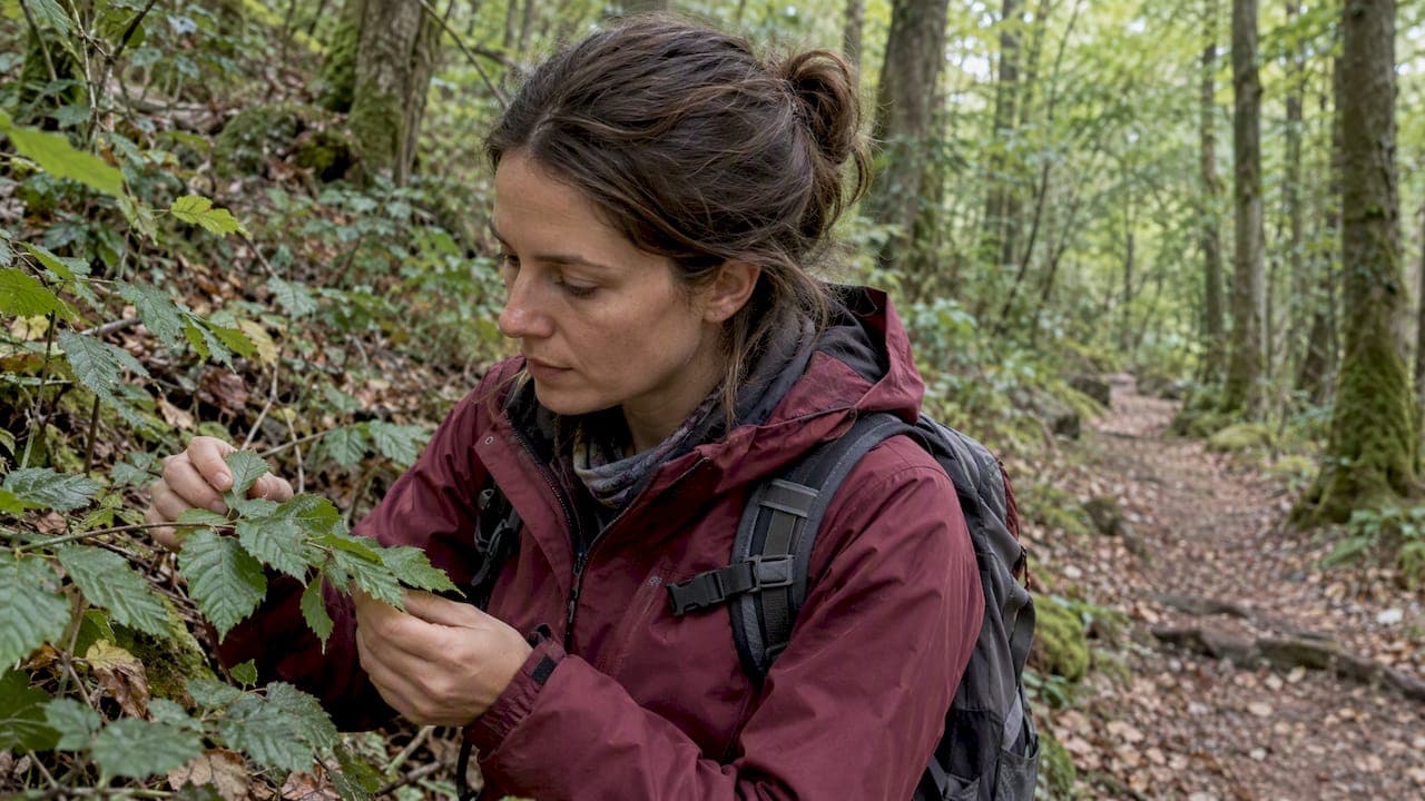 Un botaniste examine une plante dans une forêt wallonne